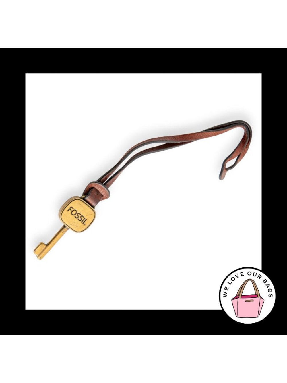 FOSSIL KEY Gold Brass Metal Brown Leather Strap Bag Charm Hang Tag Keychain Fob